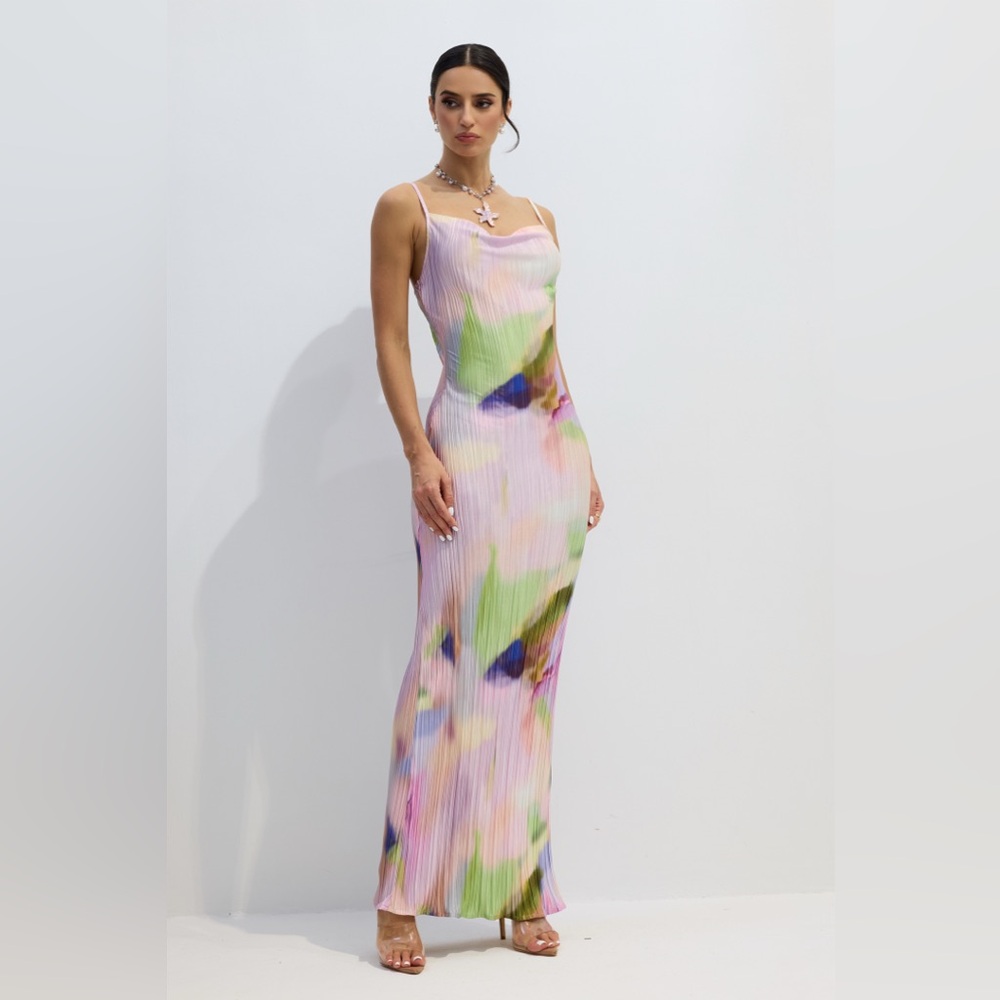 Commense Abstract Plisse Print Spaghetti Strap Maxi Dress